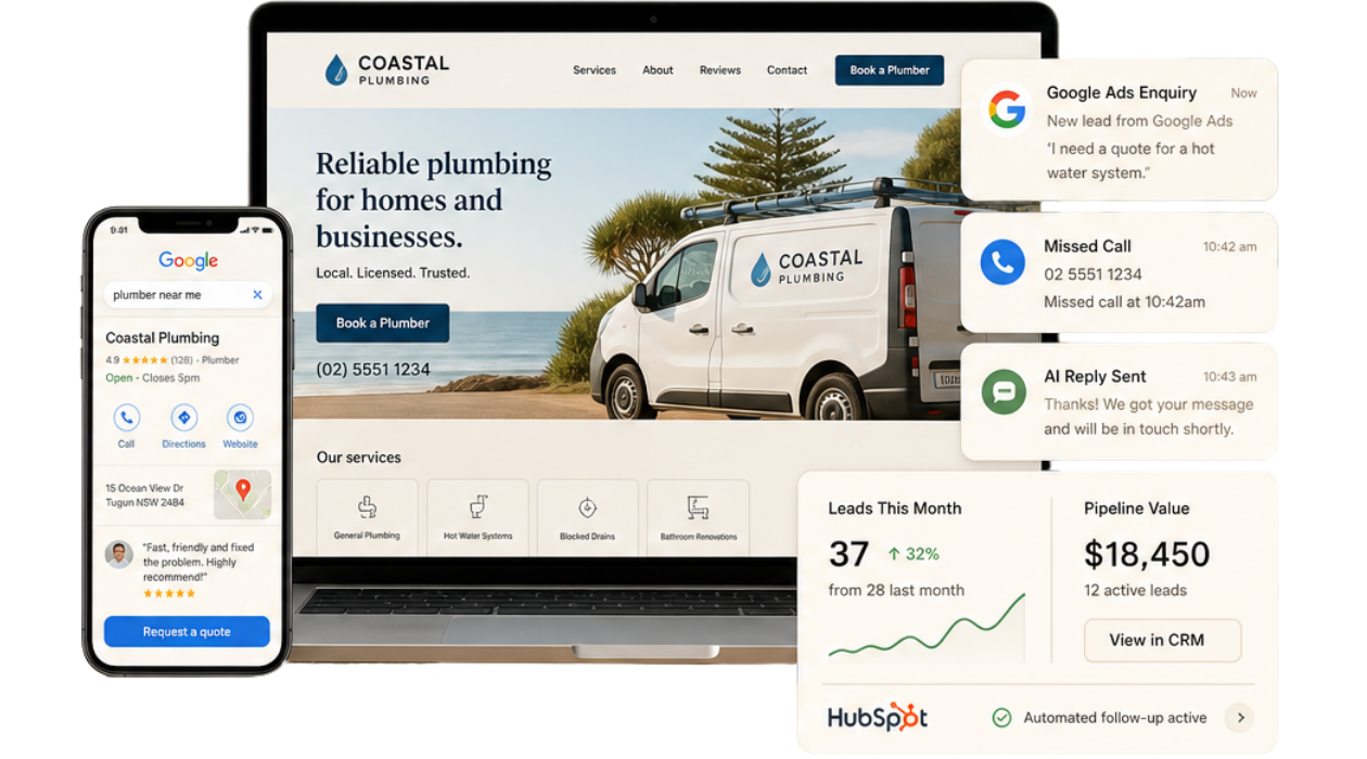 Example local business website, Google listing, ad enquiry and CRM follow-up
